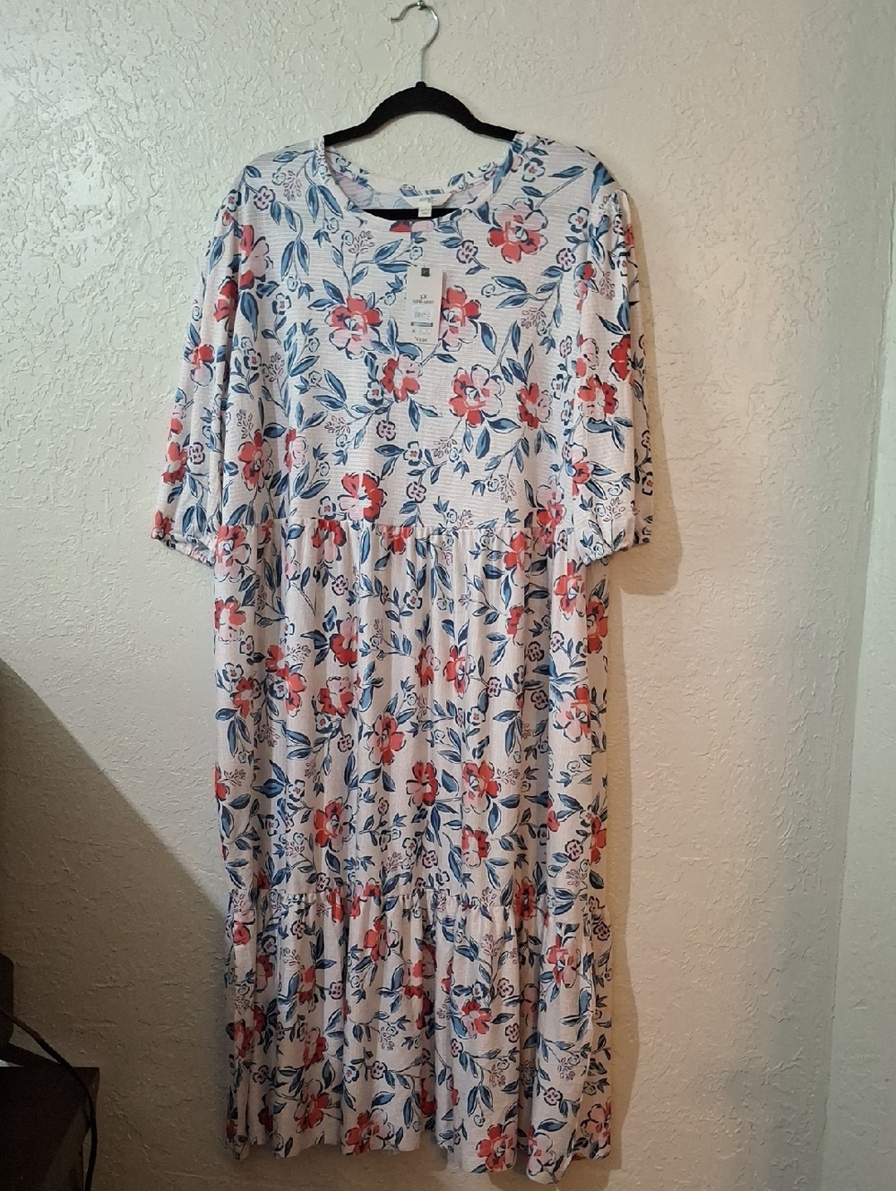 Terra & Sky White Floral Maxi Dress with Blue Leaves and Coral Flowers